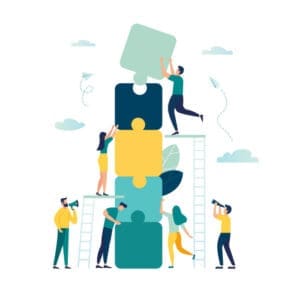 Group of professionals engaged in teamwork during a meeting.