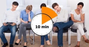 Graphic illustrating the 10-minute wait rule for dental practice management tips from MGE experts.