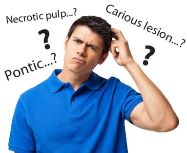 An illustration of a dentist explaining treatment using complex terminology to a patient.