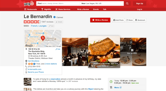Yelp rating screenshot for Eleven Madison Park restaurant.