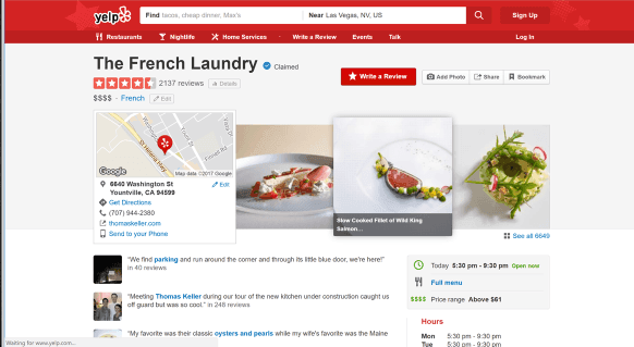 Yelp rating screenshot for French Laundry restaurant.