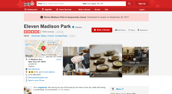 Yelp rating screenshot for Le Bernardin restaurant.