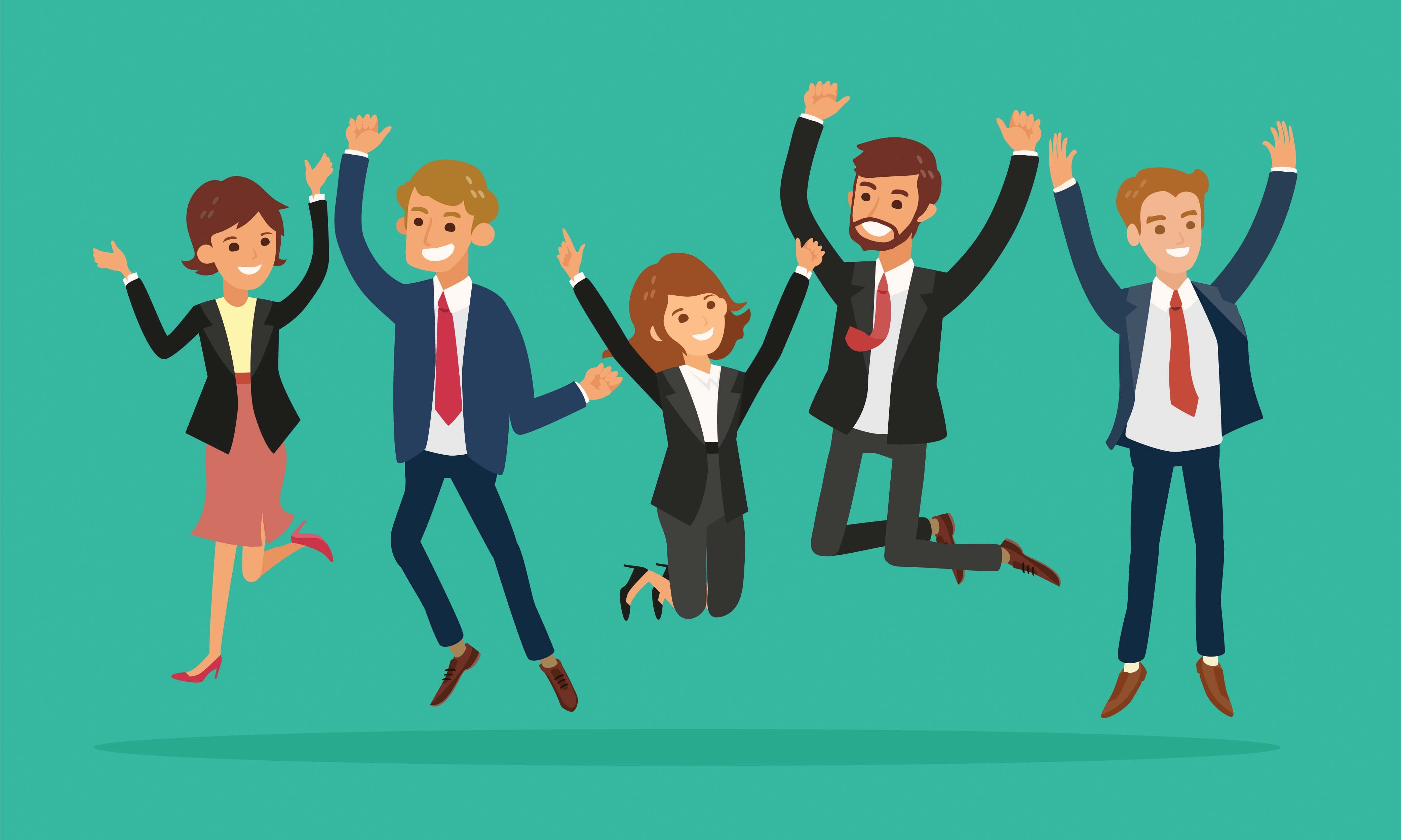 Animation of men and women jumping with happy smiles.