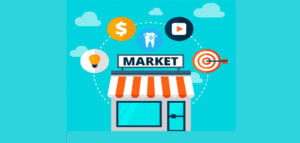 Graphic illustration showing various digital marketing tools and strategies for dental practices.