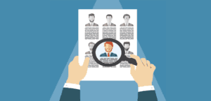 Illustration of a person searching for job candidates on a computer screen.