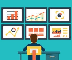 Flat illustration of a web analytics dashboard displaying statistics and graphs.