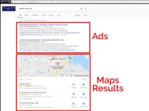 Screenshot of Google search results showing paid advertisements labeled 'Ad' and a map with location pins.