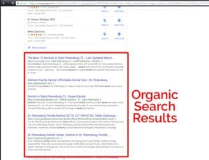 Screenshot of Google search results listing organic local business entries below the map section.