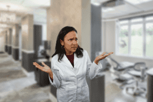 Dentist reviewing patient charts at a desk.