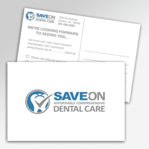 Mockup of a dental recall card featuring appointment reminder text and graphics.