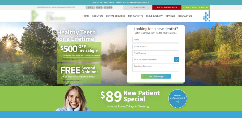 Screenshot of dental website featuring a bold, colorful call to action button that stands out.