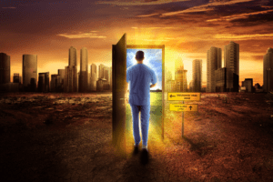 A doctor walking through an open door.