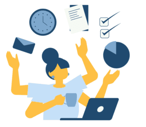 A smiling dental receptionist working at the reception desk in a professional dental office.