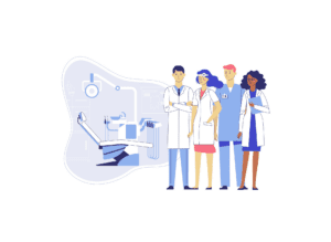 A dental team with a dentist, hygienist, and assistants in professional attire, confidently standing together in front of a stylized dental chair and equipment, symbolizing teamwork.