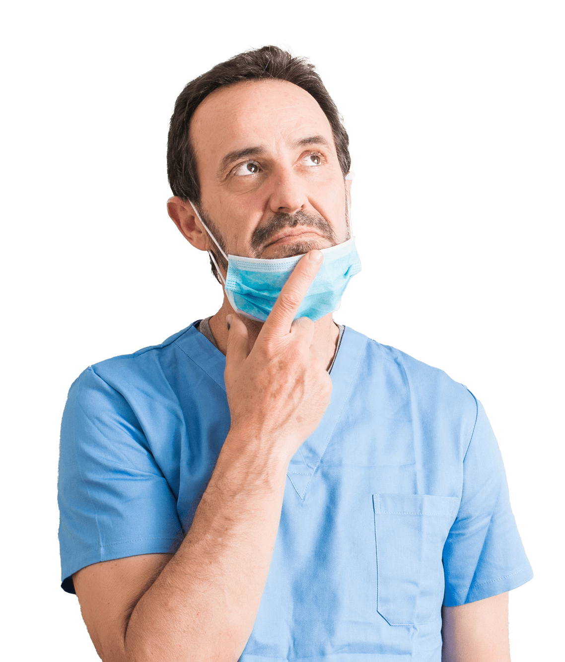 A stressed dentist thinking looking up