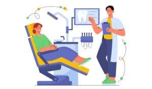 Dentist showing a patient a digital dental X-ray on a screen during a consultation.