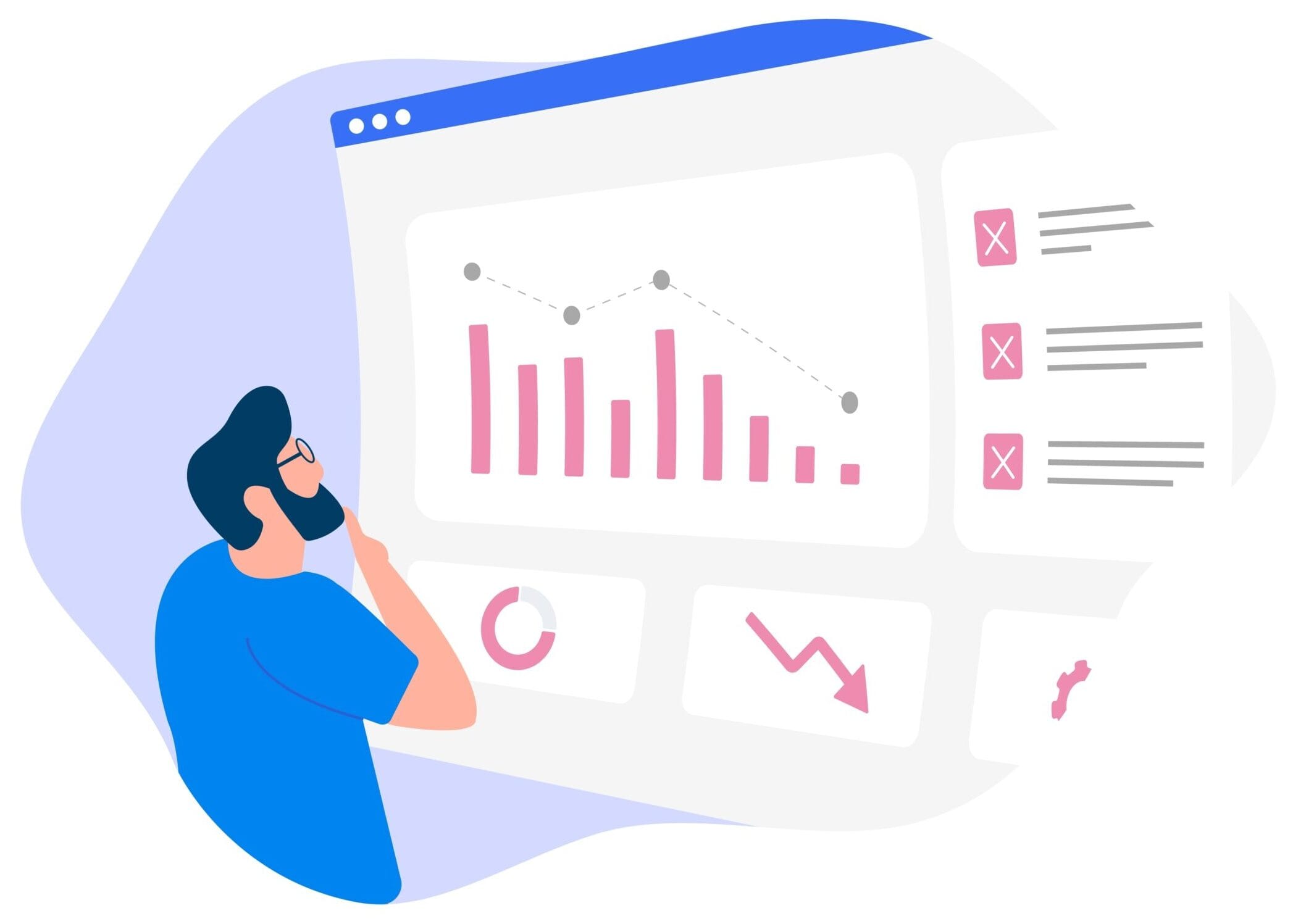 Animated pastel image of a man looking at a big wall with statistics and charts.