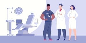 A professional reviewing documents in a dental office.