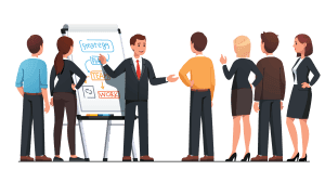 A manager providing face-to-face feedback to an employee in an office.