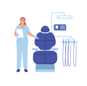 Illustration of a patient taking a seat in a dental chair.