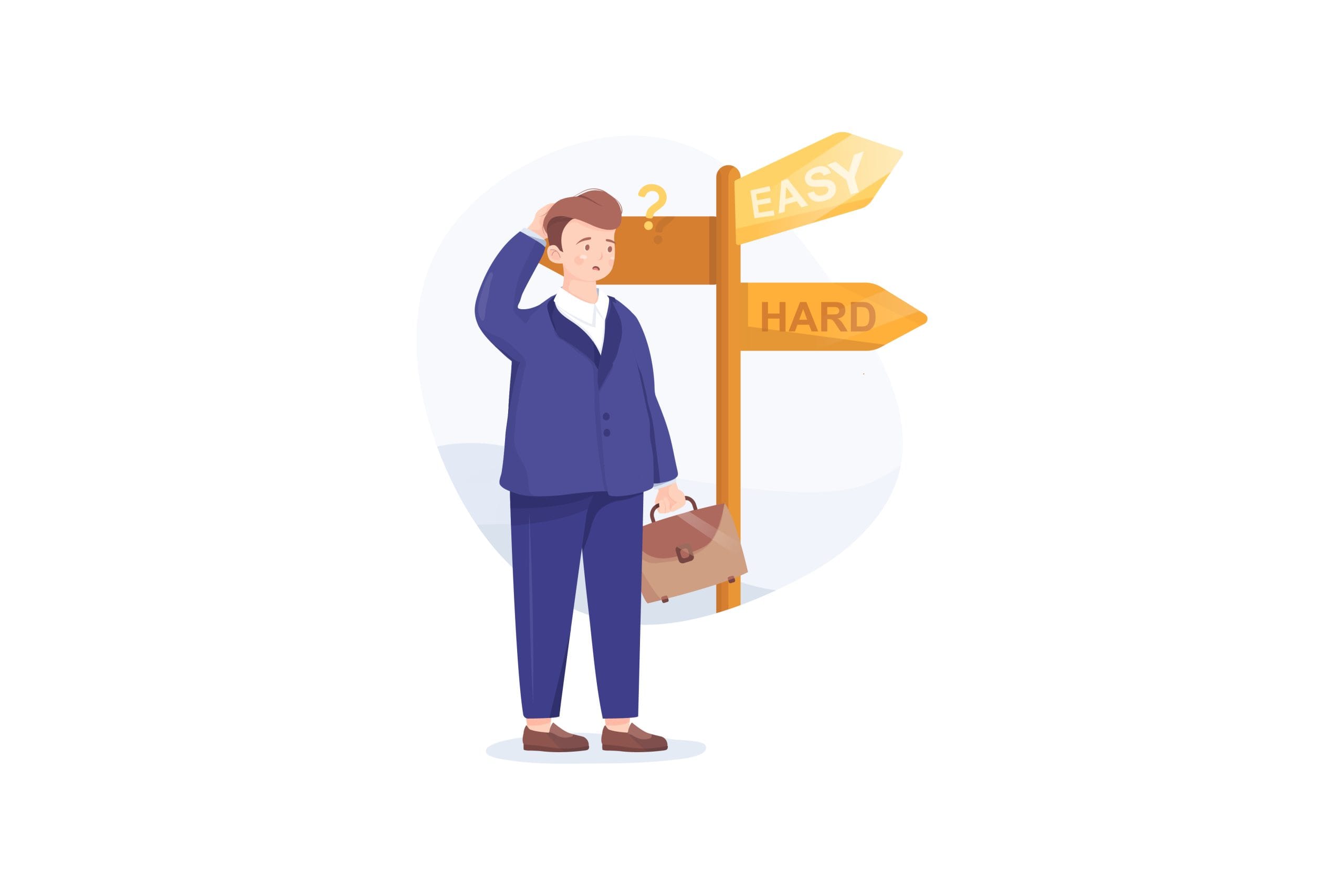 man standing at a crossroads, street sign says easy with an arrow and hard with an arrow.