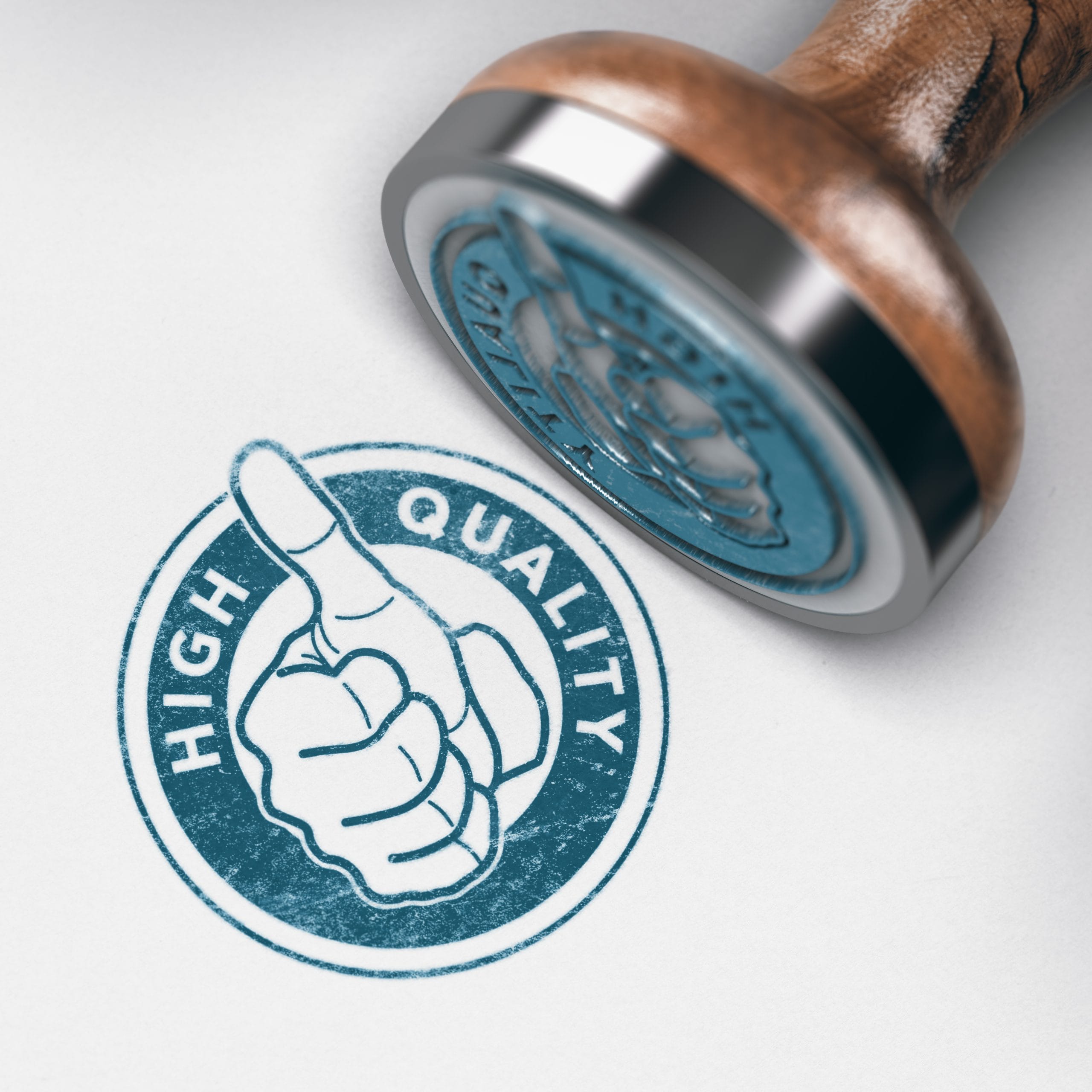 3D illustration of a rubber stamp mark with thumb up and text high quality over paper background.