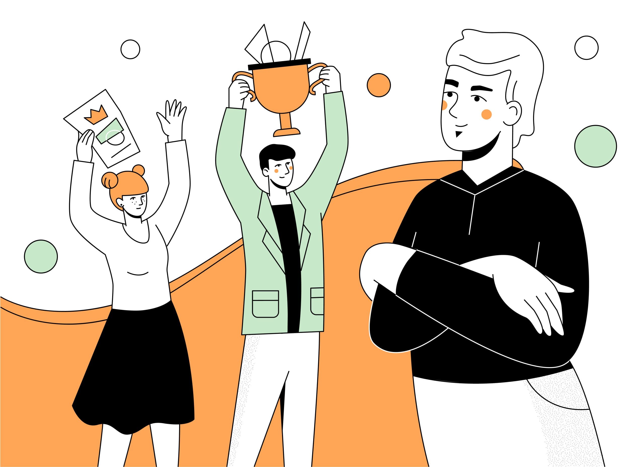 Graphic of people doing a good job, holding a trophy.