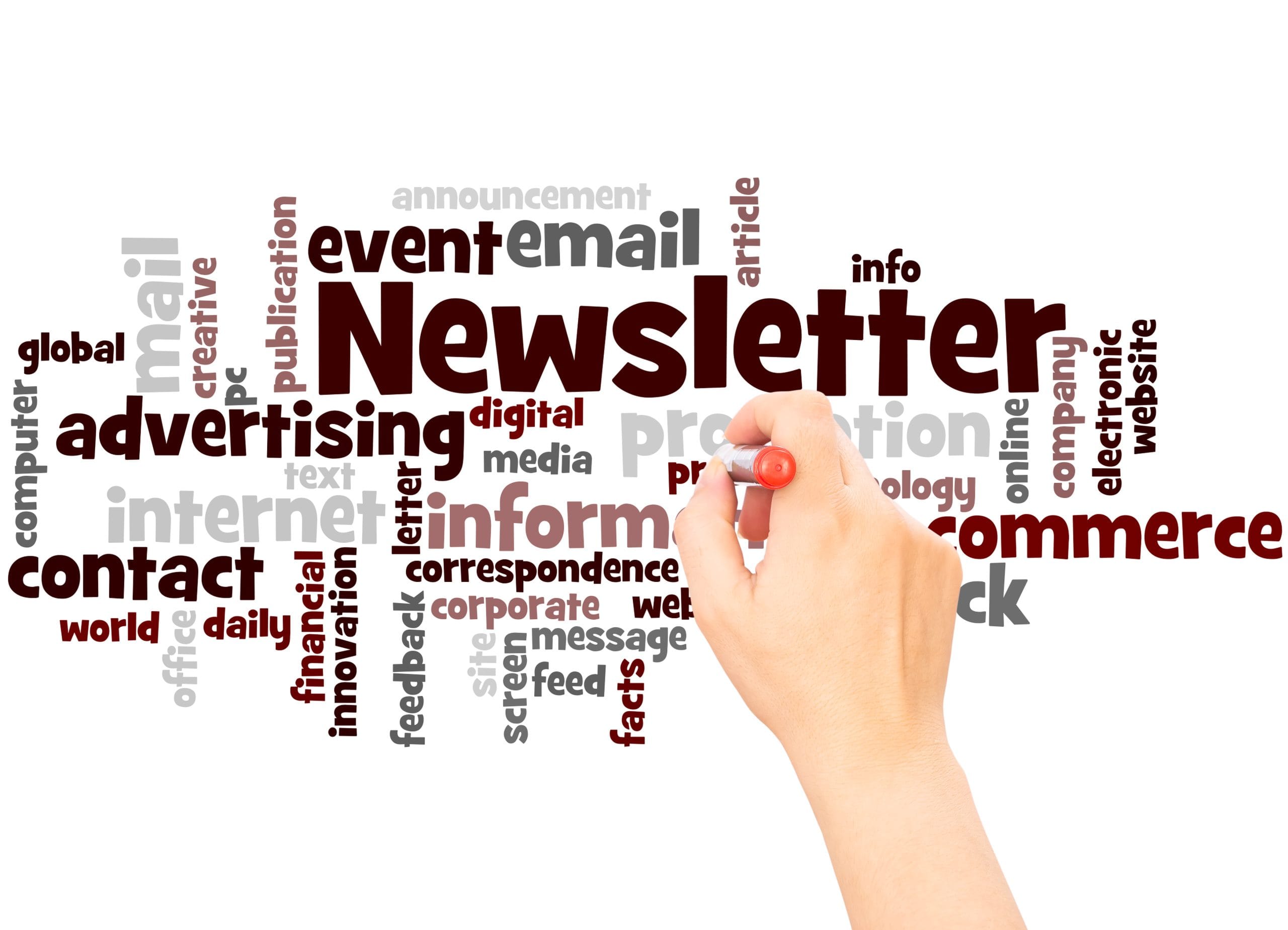 A word cloud in the shape of a ball featuring advertising words, with 'newsletter' as the central term.