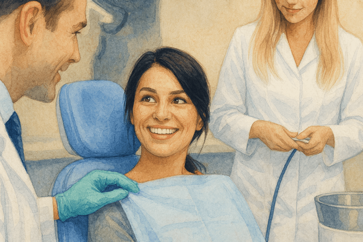 Watercolor illustration of a happy dental patient.
