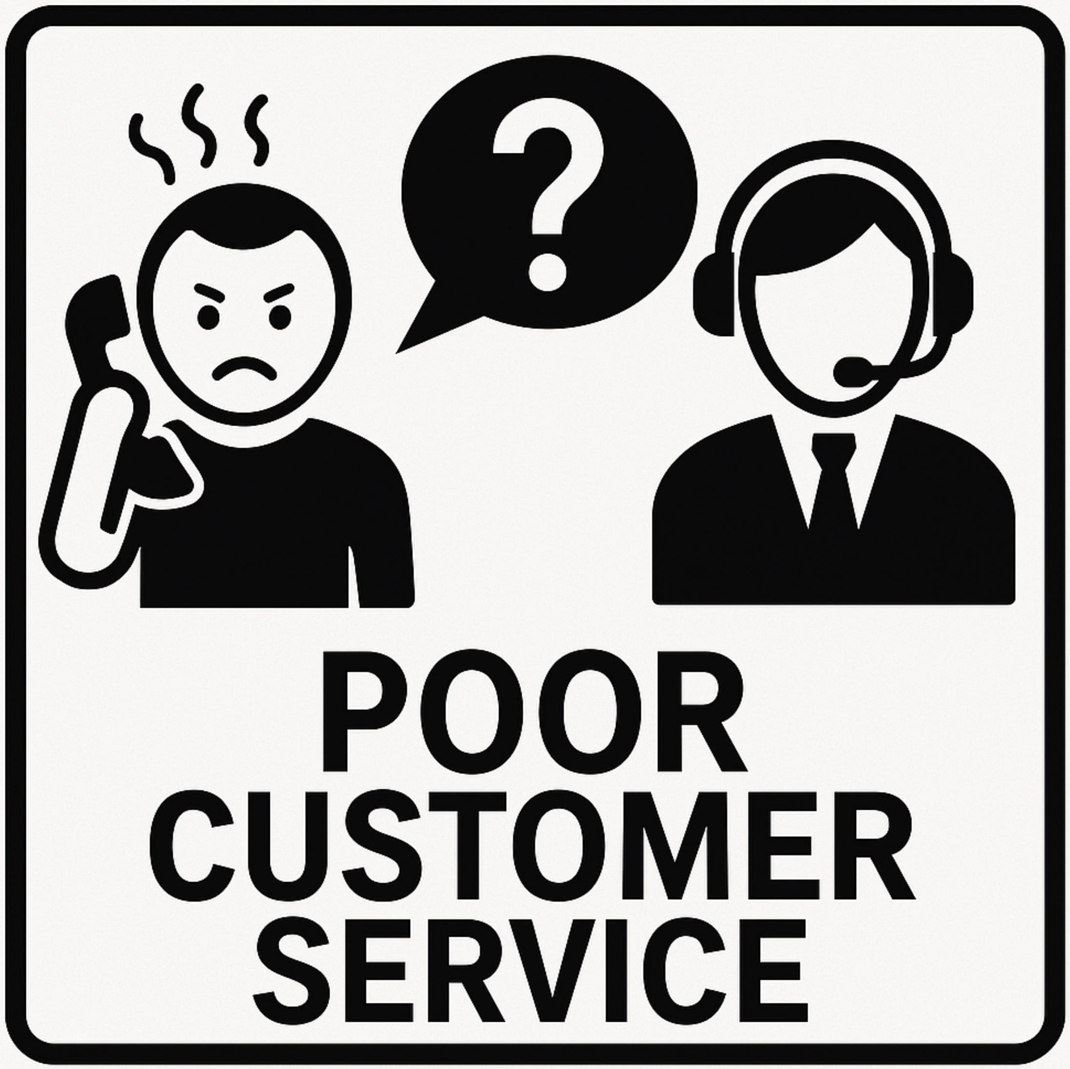 Illustration of an unsatisfied customer on the phone with a customer service rep and the words “poor customer service”