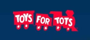 Graphic featuring the Toys for Tots charity logo and slogan.