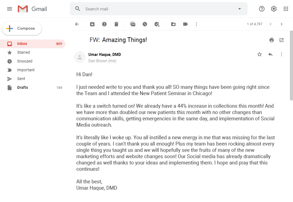 Email from Dr. Umar Haque: worst month ever to best month ever after the New Patient Workshop