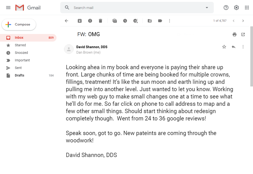 Email from Dr. David Shannon: from 6 to 52 new patients a month